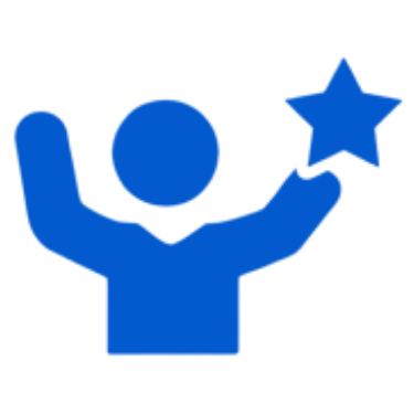 A blue icon of a person holding a star in their outstretched hand.