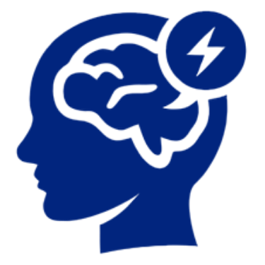 Side profile of a human head silhouette with a brain illustration and a lightning bolt symbol, representing mental energy or intelligence.