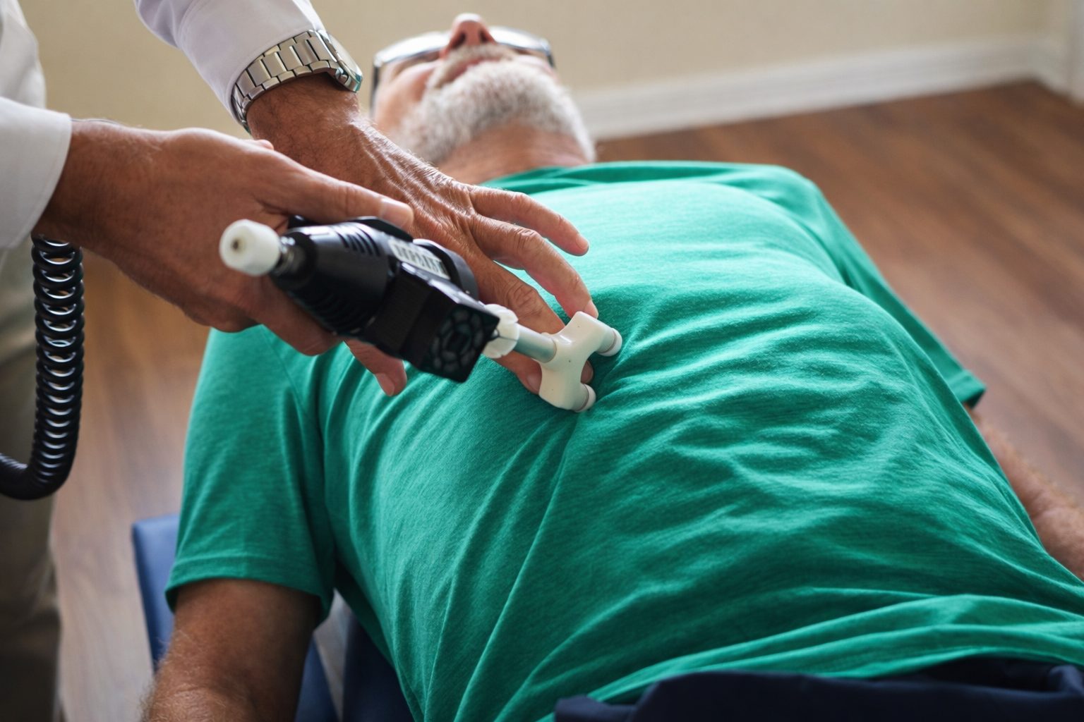 A healthcare professional performing a manual defibrillation or chest compressions on an elderly patient lying on a bed, with the patient wearing a green shirt.