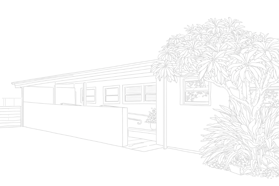 Outline drawing of a house with a gabled roof, surrounded by trees and plants, with windows visible on the front and side walls.