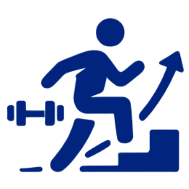 A silhouette of a person running up stairs with an upward arrow, a dumbbell on the ground, and a check mark.