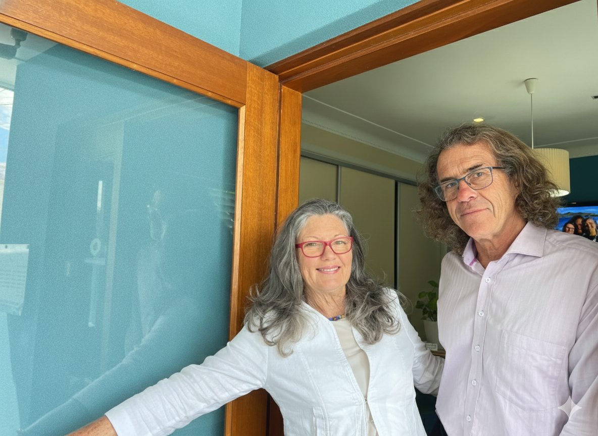 A woman with gray hair and glasses smiling and leaning against a blue wall with wood trim, standing next to a man with curly longer hair, glasses, and a light-colored shirt in a room with modern decor.