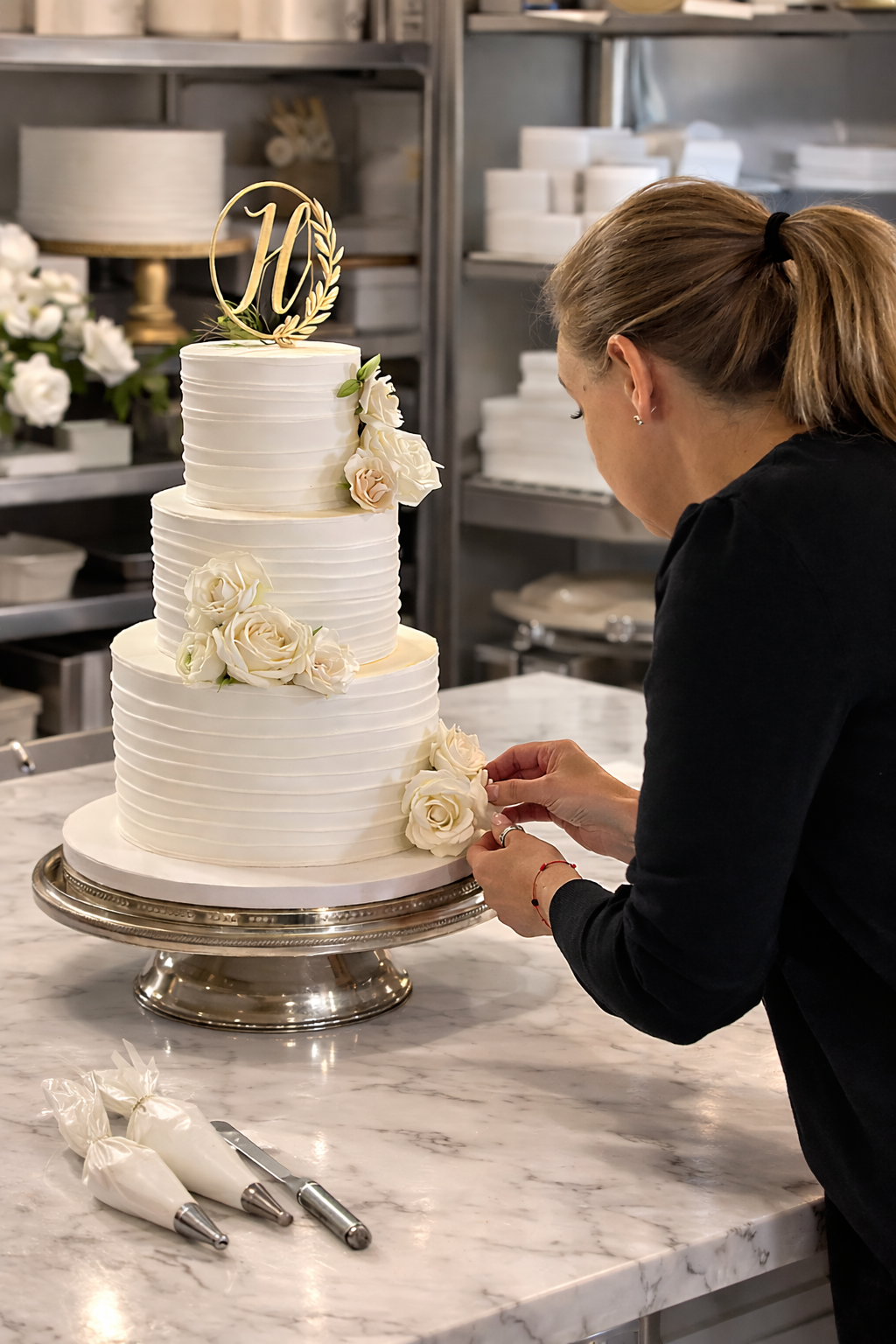 Professional cake designer decorating a three tier custom wedding cake with handcrafted sugar flowers.