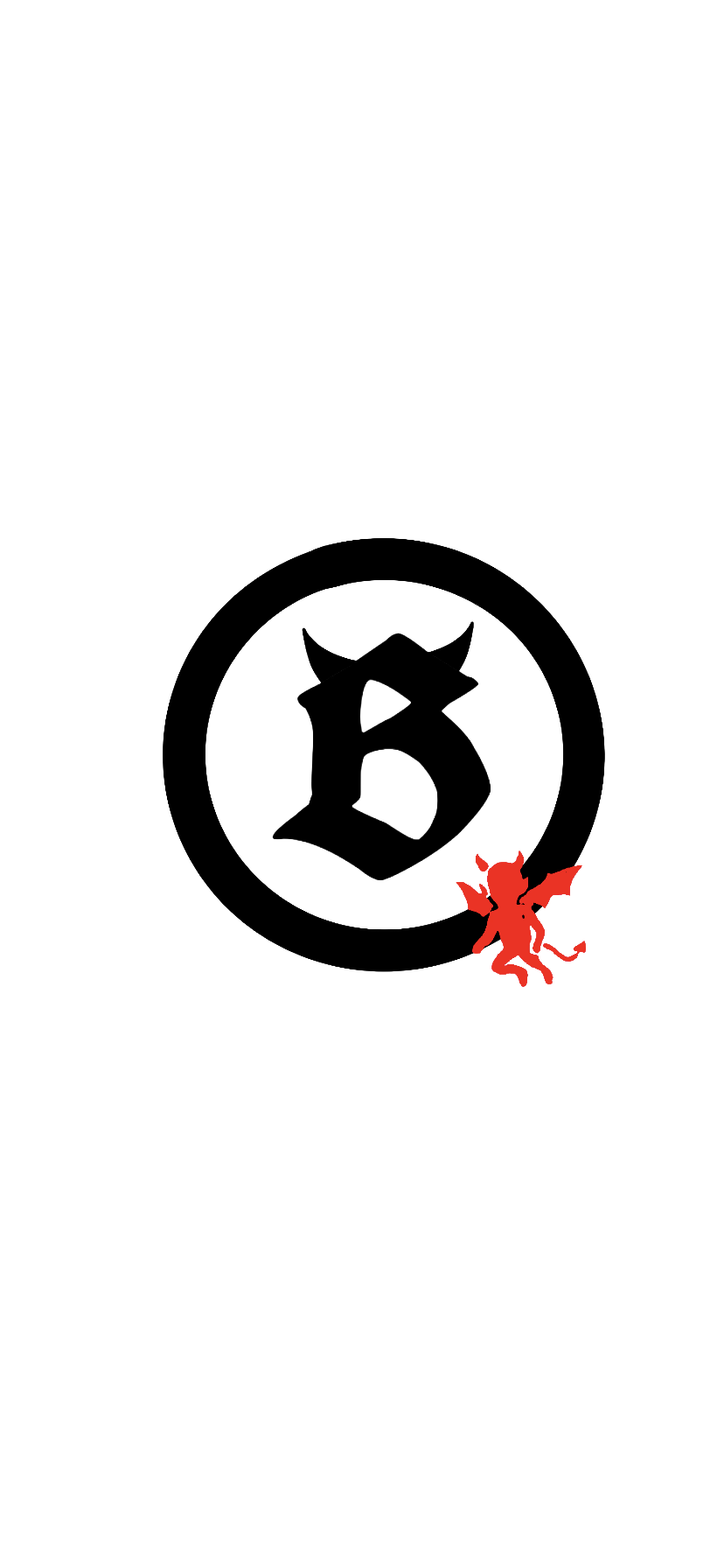 Black background with a large white circle containing a black stylized letter 'D' in the center, and a small red cartoon devil figure with wings, horns, a tail, and a trident standing beside the circle.