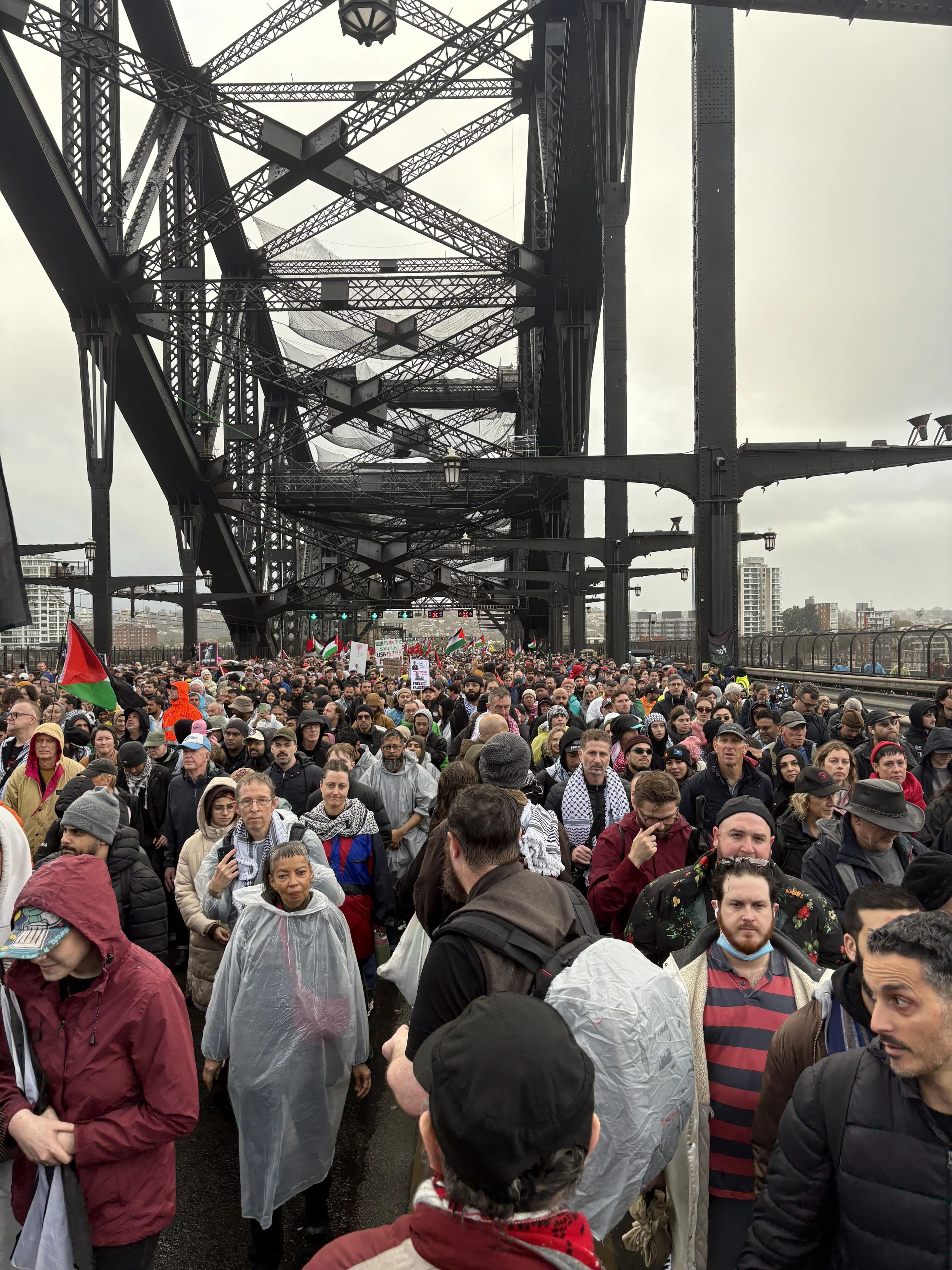 A large crowd of people gathered on a bridge with an industrial steel structure. Many are holding flags and signs, and some are wearing raincoats and hats, indicating a protest or demonstration in an urban setting.