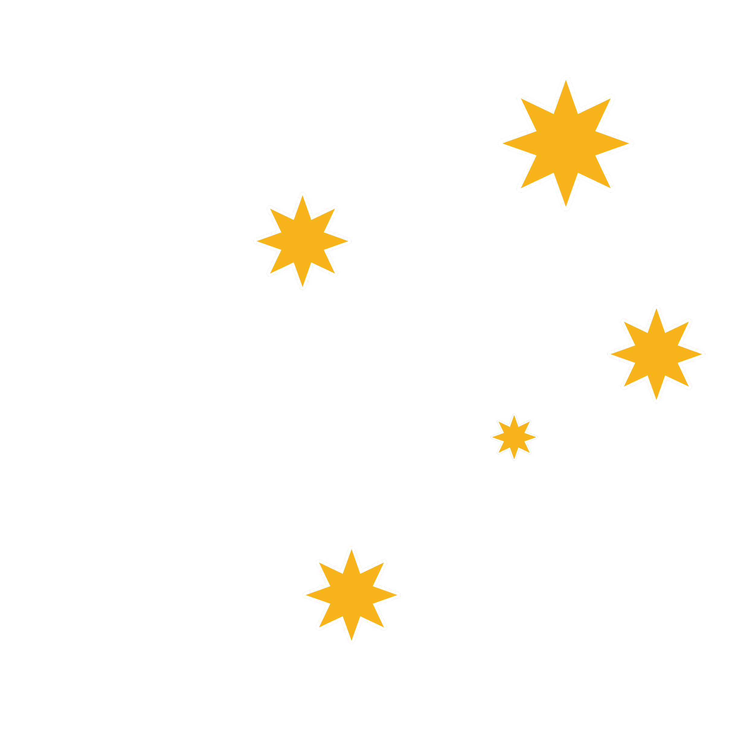 Several gold and white outlined starburst shapes scattered across the image to make the southern cross.