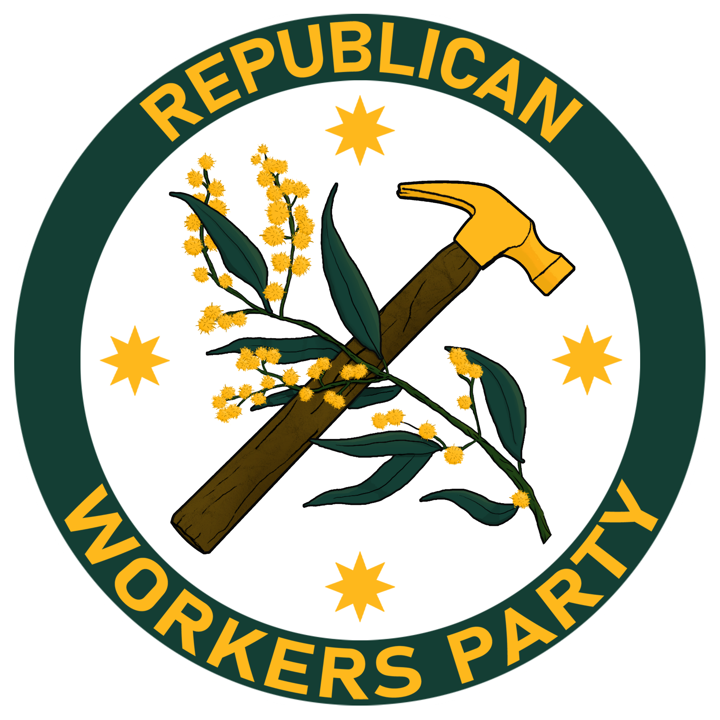 A logo for the Republican Workers Party features a hammer with a wooden handle, surrounded by a branch of yellow flowers and green leaves. The logo has a circular border with the words "REPUBLICAN WORKERS PARTY" in yellow uppercase letters on a dark green background, with orange stars around the circle.