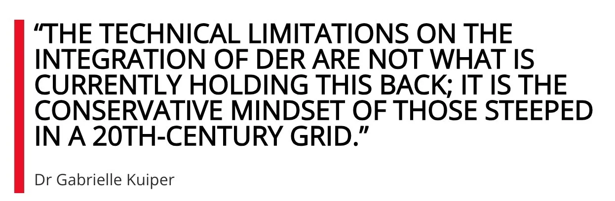 Quote by Dr. Gabrielle Kuiper about technical limitations and conservative mindset hindering DER integration, with a red vertical line on the left.