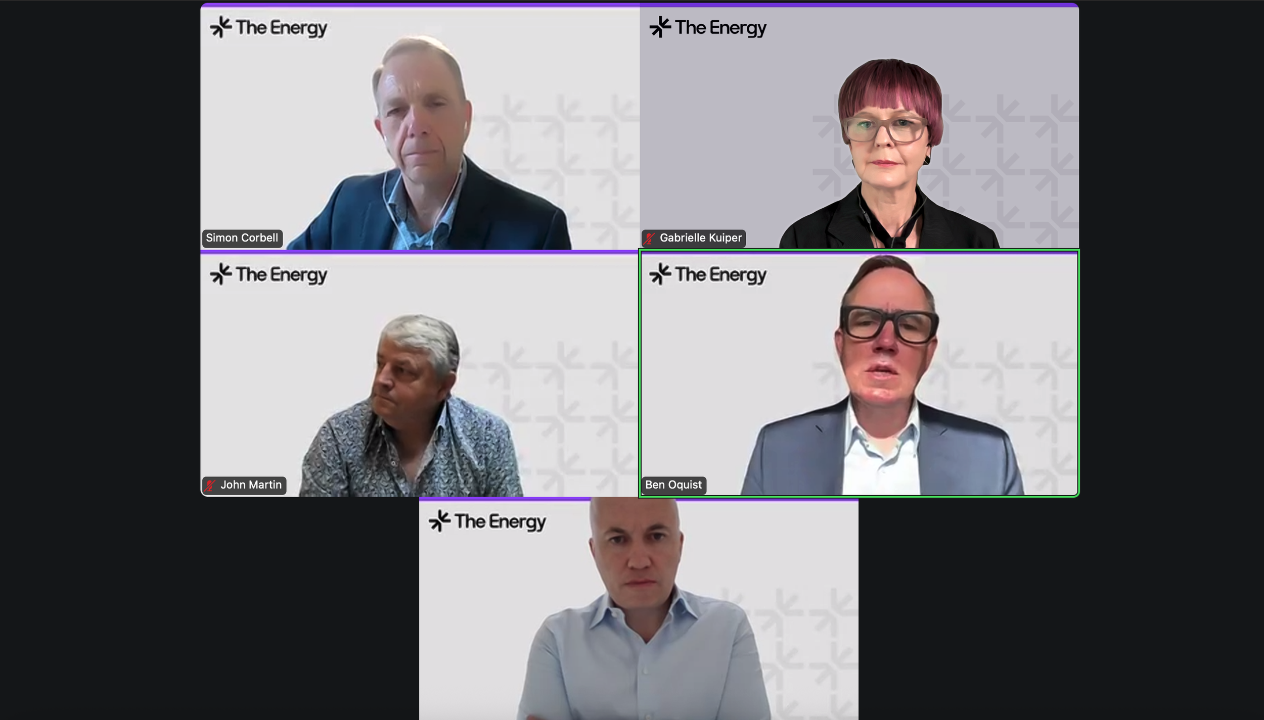 Screenshot of a virtual panel discussion with five participants. Each person is in a separate window with their names displayed: Simon Corbell, Gabrielle Kuiper, John Martin, Ben Oquist, and an unnamed person.