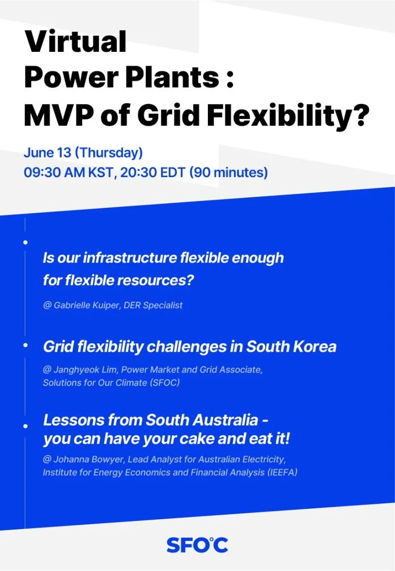 A promotional poster for a virtual event discussing grid flexibility and power plants, scheduled for June 13. The poster lists three topics and speakers, with the Solutions for our Climate (SFOC) Korea logo at the bottom.