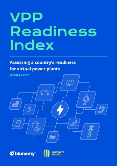Cover page of a report titled 'VPP Readiness Index', January 2025, assessing a country's readiness for virtual power plants, featuring icons of a solar panel, electric vehicle, person, electrical tower, etc by Blunomy and Integrate to Zero