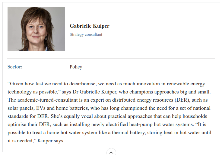 Quote about Gabrielle Kuiper being listed in the Australian's Top 100 Green List 2024