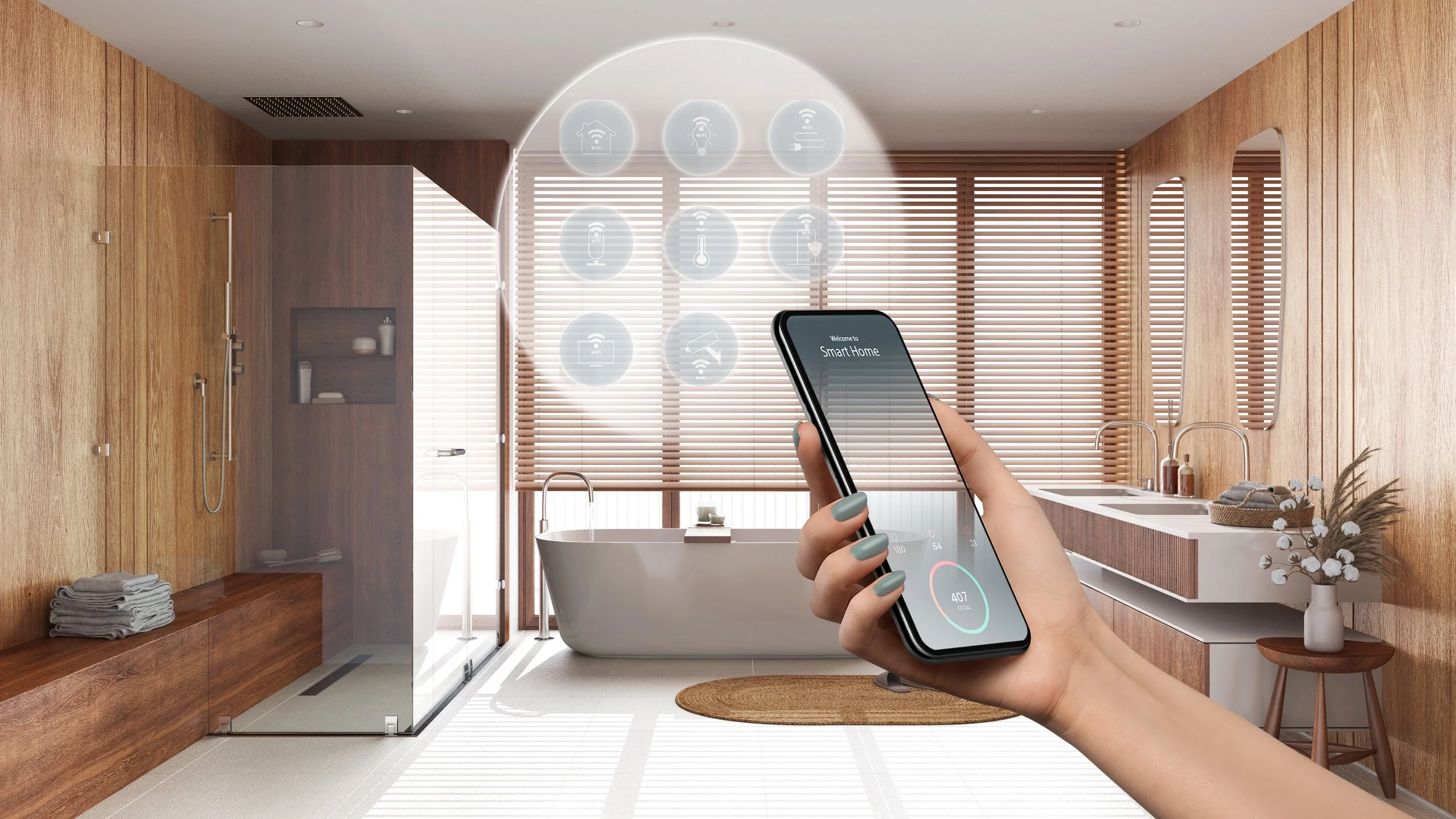 Modern bathroom with wooden wall panels, a freestanding bathtub, a glass shower enclosure, a sink with a mirror, and a person holding a smartphone controlling smart hot water system.