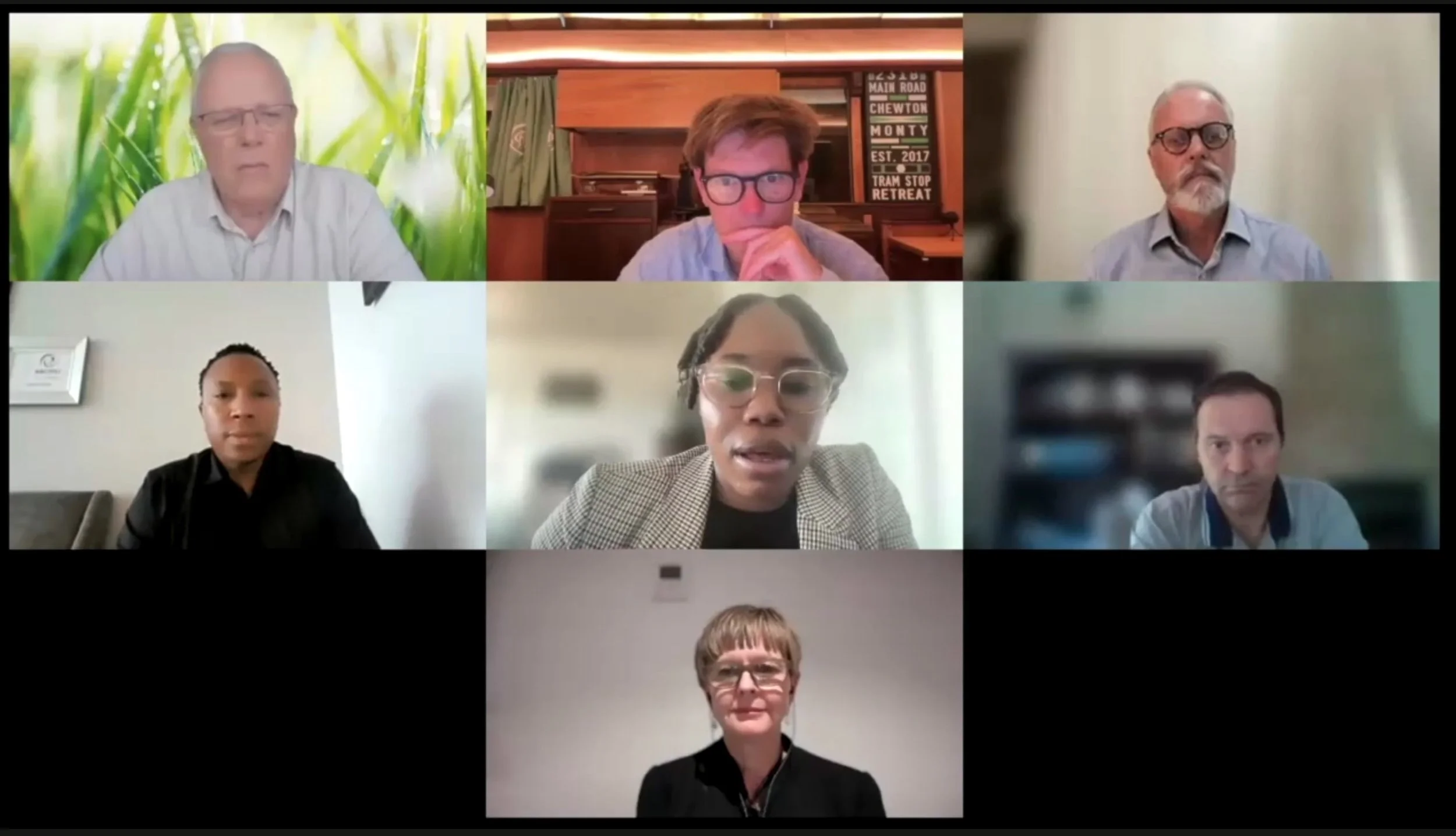 A webinar with nine diverse speakers, including men and women of various ages, each in their own locations with different backgrounds, appearing attentive and engaged.