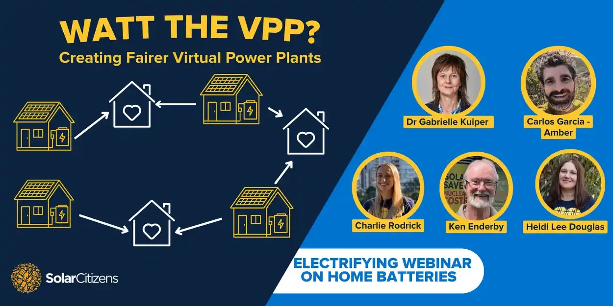 Graphic promoting a Solar Citizens webinar on home batteries with illustrations of houses connected by arrows, and photos of five speakers on the right side.