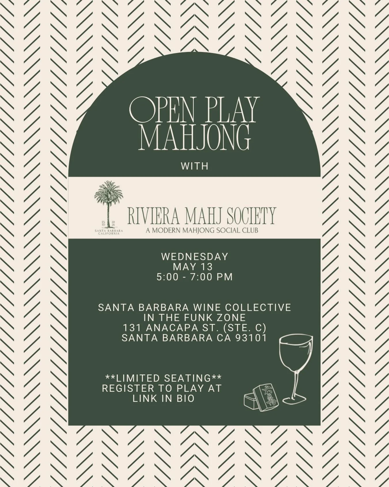 Join us at @sbwinecollective on 5/13 for open play mahjong with The BIG Card by @themahjongline  Limited seating. Reserve your spot at link in bio. 

#rivieramahjsociety #mahjong #santabarbara #montecito #goleta