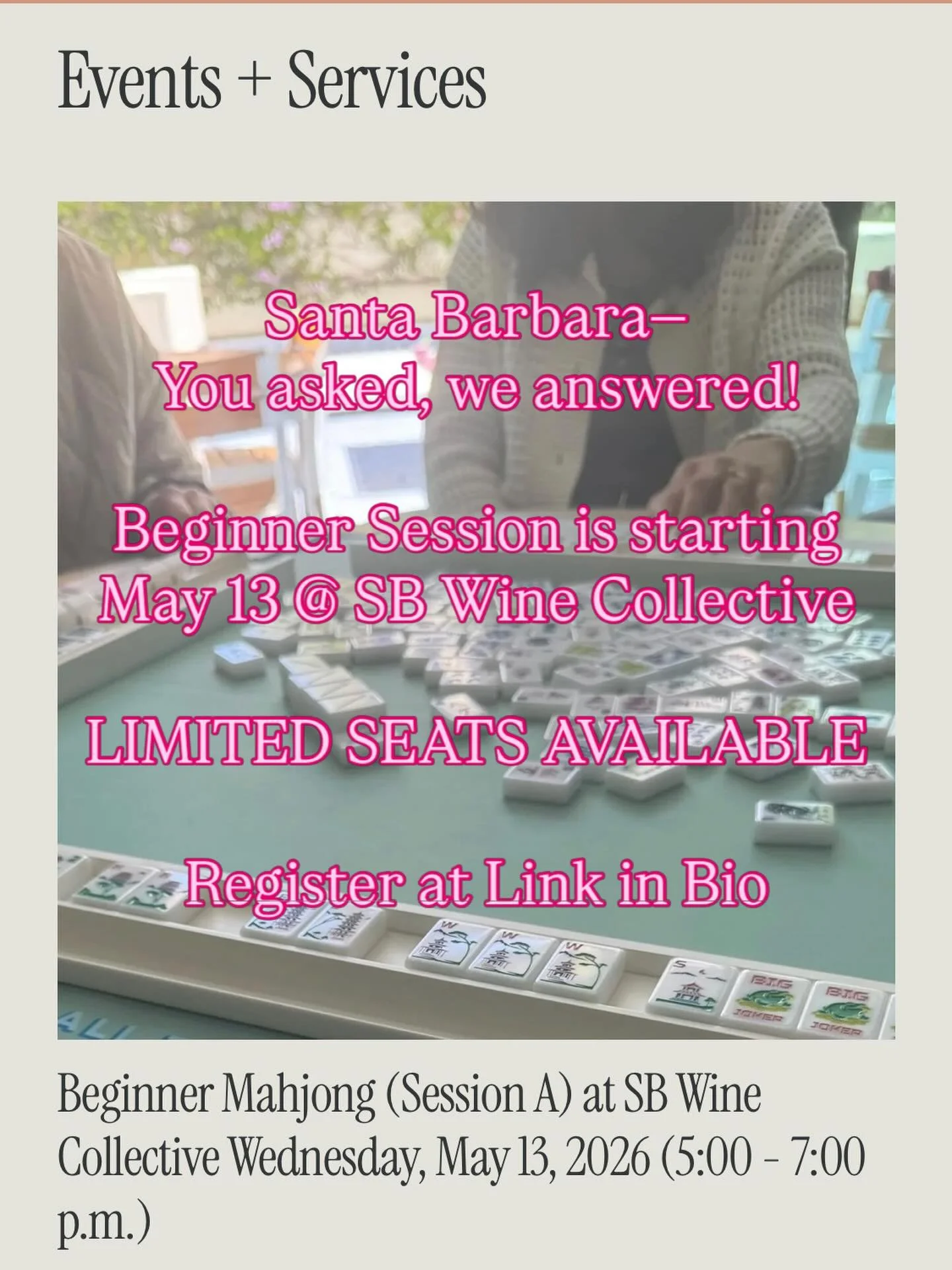 Beginner Mahjong @ SB Wine Collective on May 13! LIMITED SEATS AVAILABLE Register at Link in Bio!
#rivieramahjsociety #mahjong #santabarbara