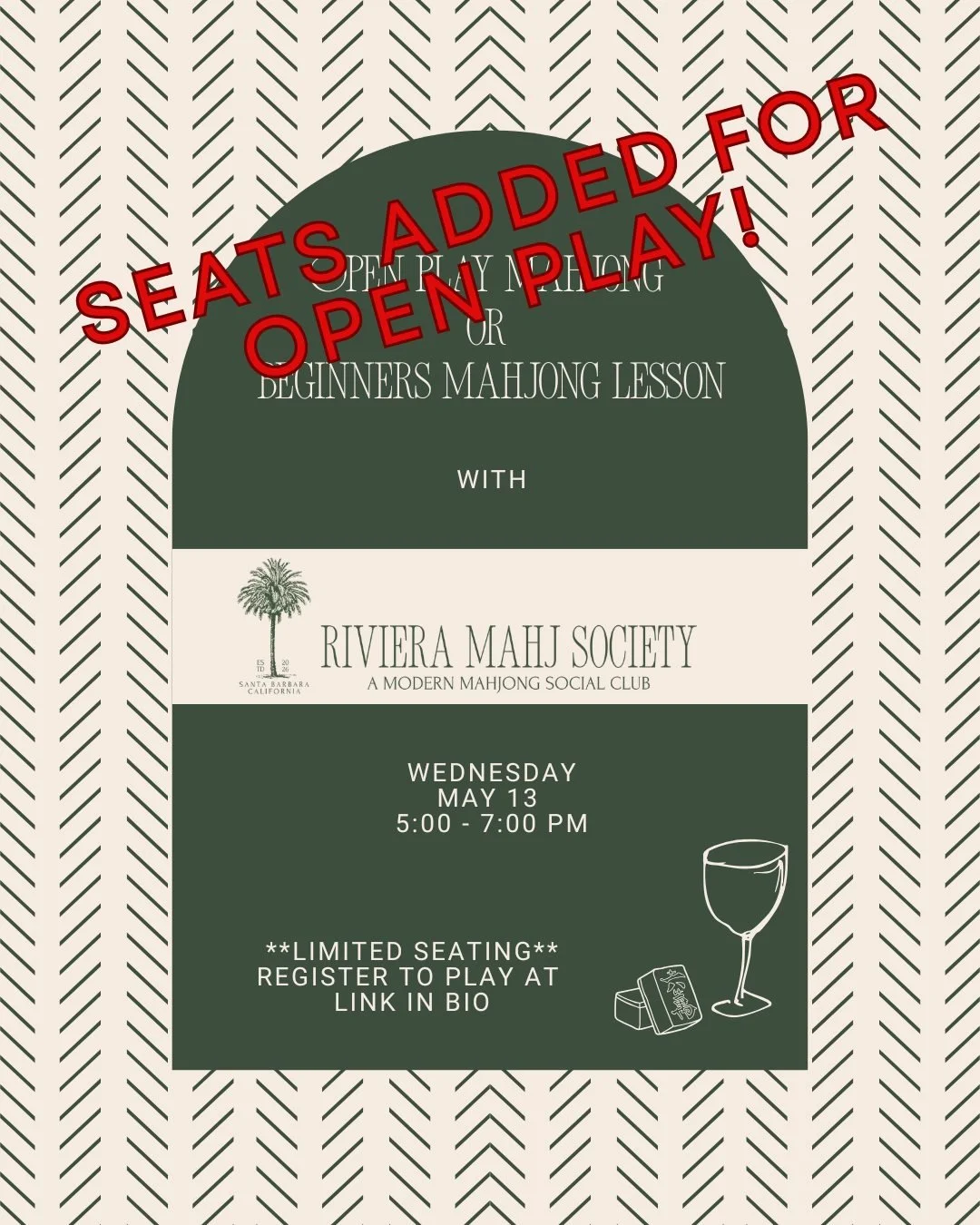 Seats have been added to our Open Play session! Sign up today and we&rsquo;ll see you on Wednesday evening!

#mahjong #santabarbara #rivieramahjsociety