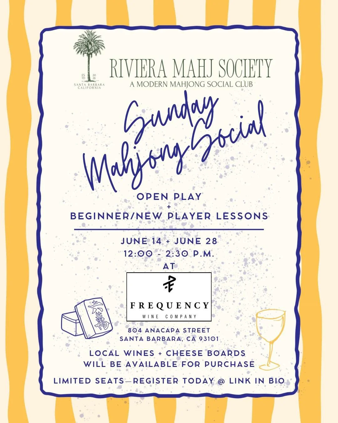 Sunday summer vibes with Santa Barbara&rsquo;s original modern mahjong social club! Join us on the @frequencywines patio as we breathe in summer ☀️😎🀄️🍷

#rivieramahjsociety #mahjong #santabarbara #montecito