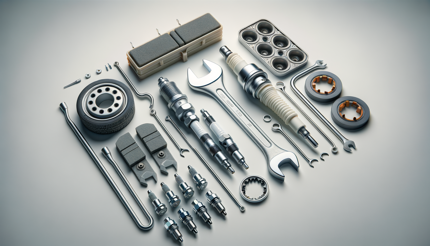 A collection of car repair tools and parts laid out on a flat surface, including wrenches, screwdrivers, wrenches, a tire, spark plugs, and small mechanical components.