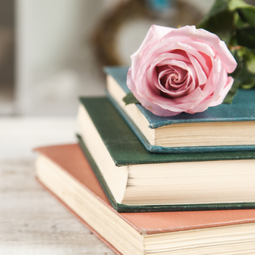 A pink rose resting on top of stacked books on a wooden surface.
