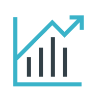 A blue and black line and bar graph showing growth or increase over time with an upward trending arrow.