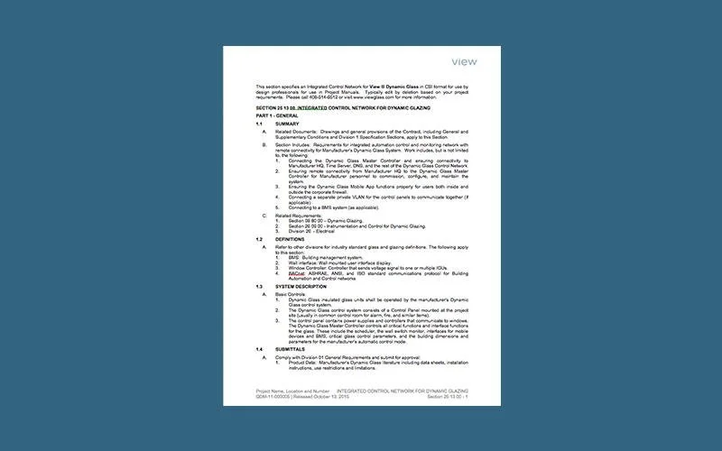 View Dynamic Glazing Integrated Control Network - Reference Section 25 13 00