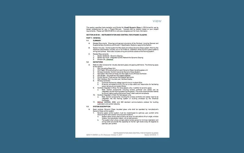 View Dynamic Glass Instrumentation and Control - Reference Section 26 09 00