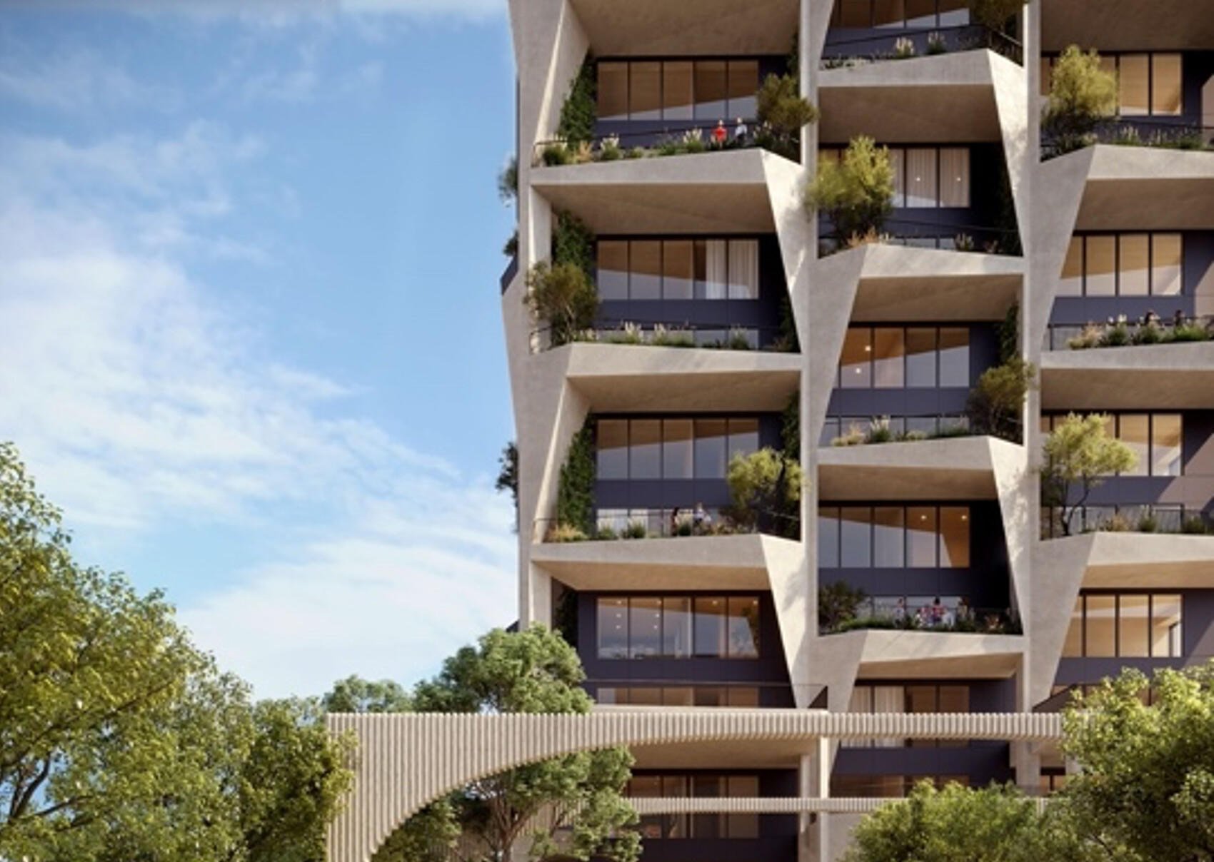 Modern multi-story apartment building with angular balconies filled with plants, surrounded by green trees under a blue sky.