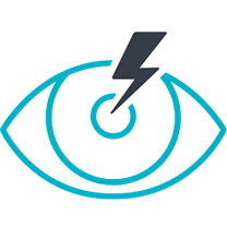 Outline of an eye with a lightning bolt and concentric circles inside