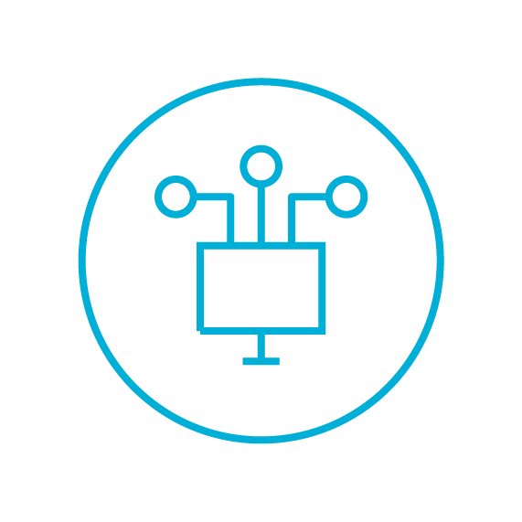 Icon of a computer monitor with lines and circles representing digital technology or networking, enclosed in a circle.