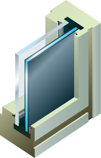 An isometric illustration of a glass door or window with a heating or cooling system, featuring a glass pane, frame, and HVAC components.