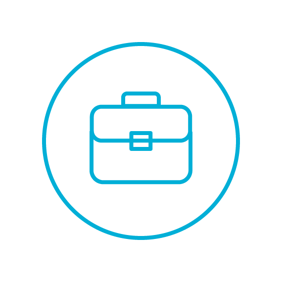Line drawing of a briefcase inside a circle, signifying business or work.
