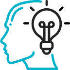 Outline of a human head with a lightbulb inside it, symbolizing ideas or thinking.