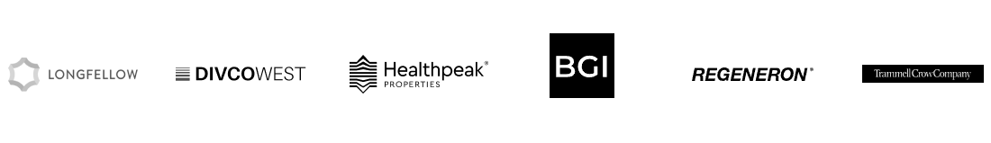 A row of logos from different companies, including Longfellow, DIVCO West, Healthpeak Properties, BGI, Regeneron, and Trammell Crow Company.