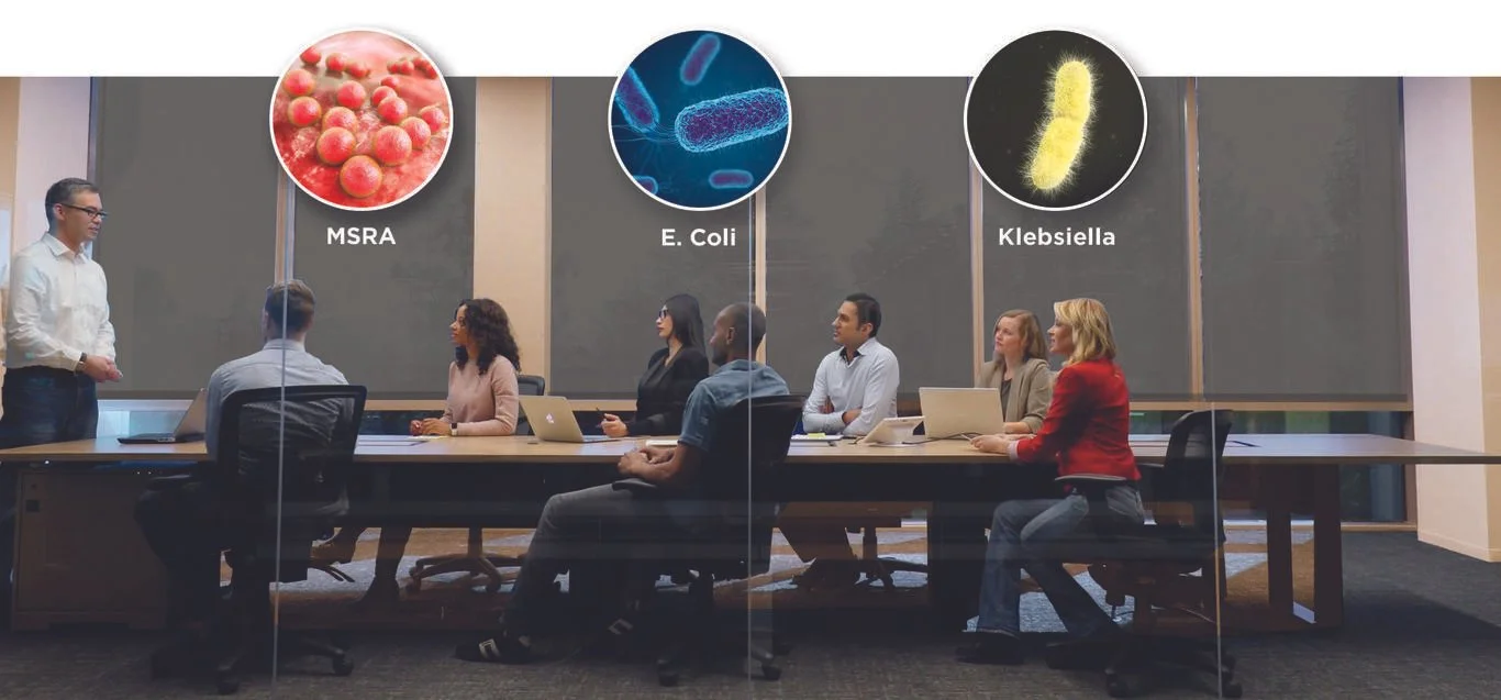 A man giving a presentation to a group of seven people in a conference room. The blackboard behind them displays images and labels of MSRA bacteria, E. coli bacteria, and Klebsiella bacteria.