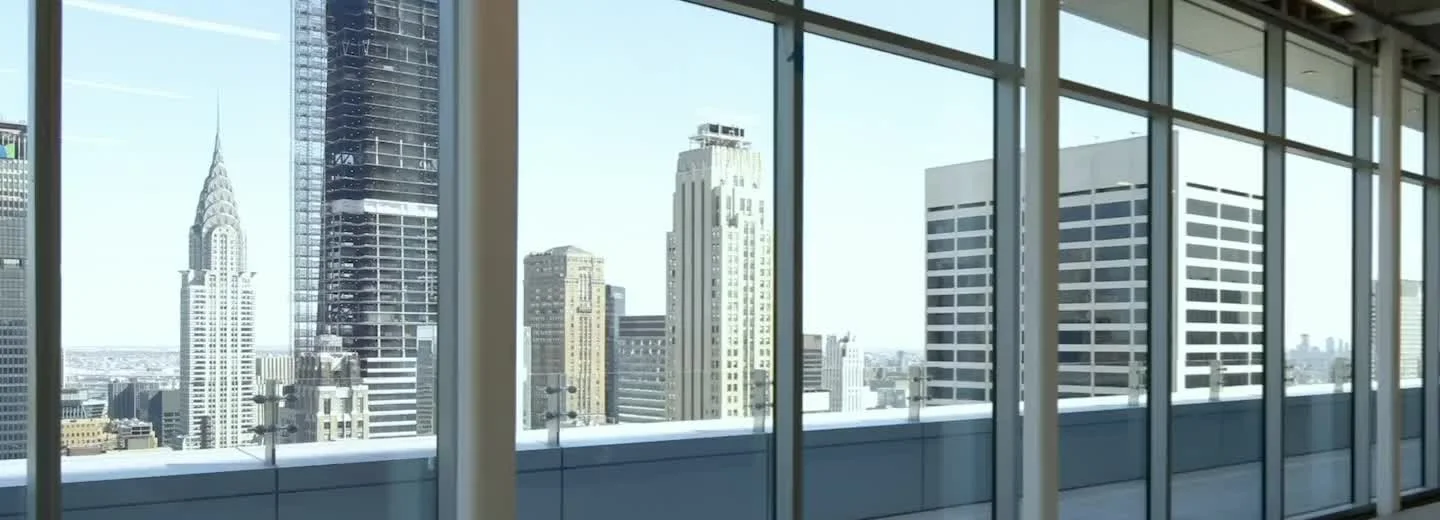 Interior view of a modern high-rise apartment or office with large floor-to-ceiling windows, overlooking a city skyline with tall skyscrapers including the Chrysler Building in New York City.