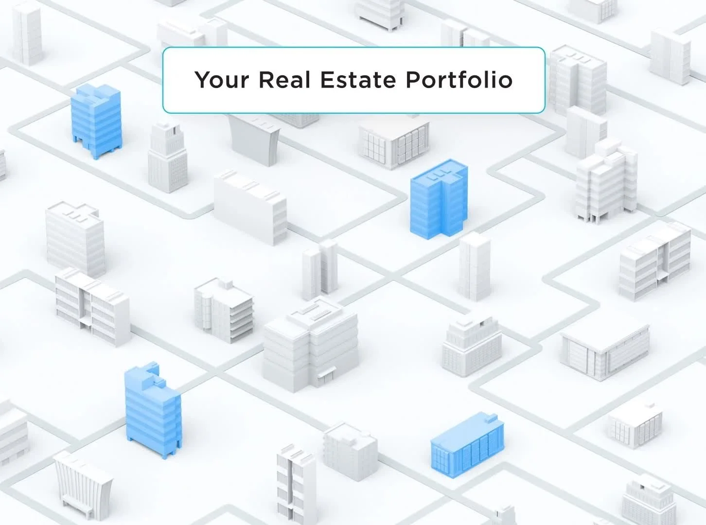 A simplified isometric map of a city with several buildings highlighted in blue, indicating a real estate portfolio, along with a banner reading 'Your Real Estate Portfolio'.