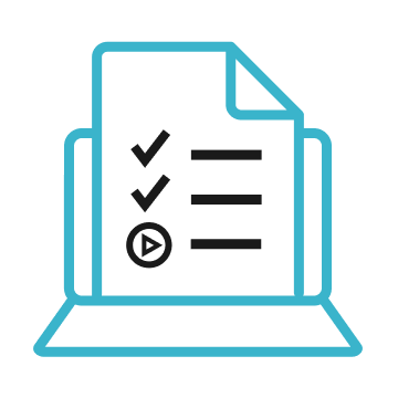 Icon of a checklist document on a laptop screen with checkmarks and a play button.