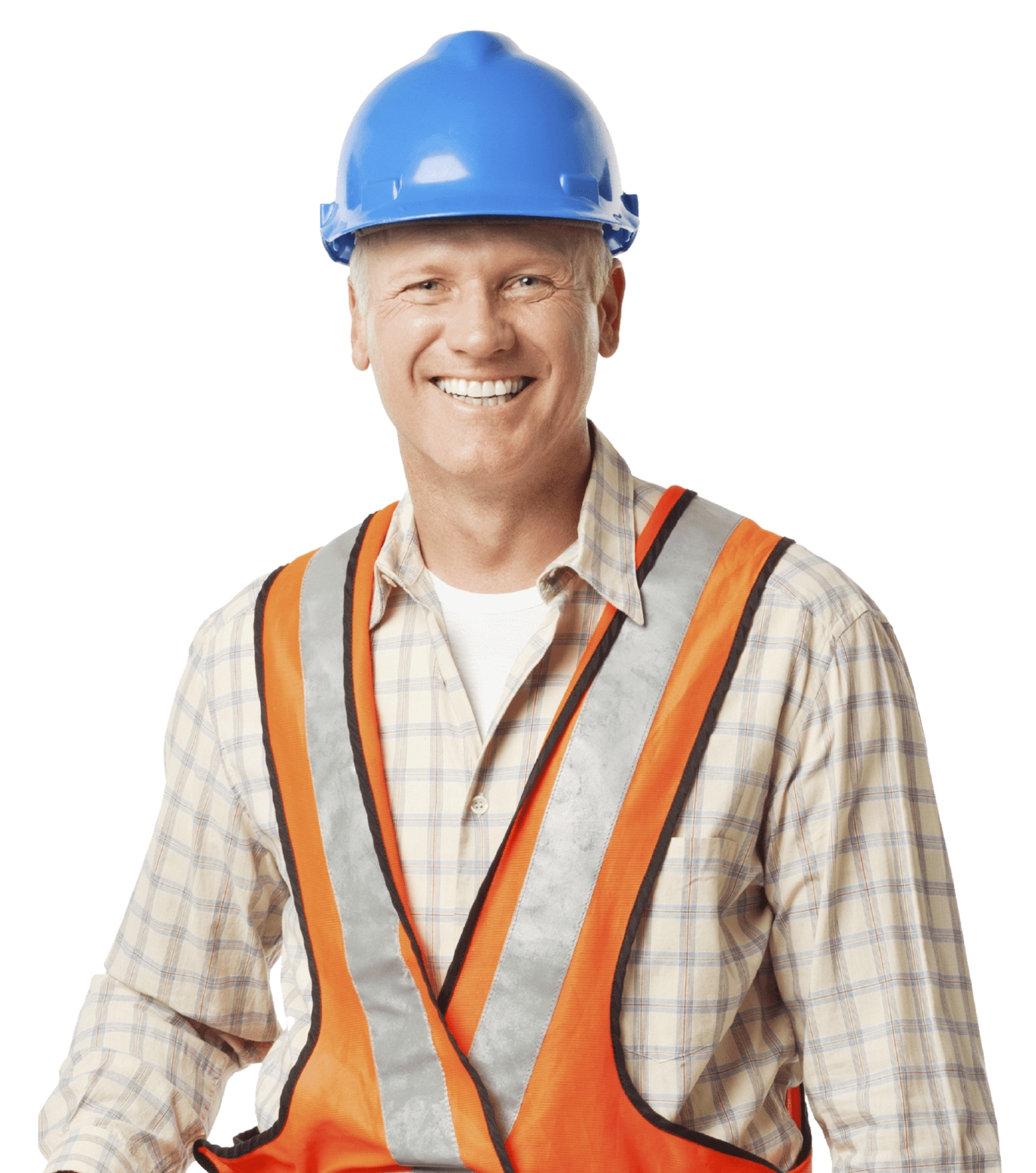 A smiling man wearing a blue construction helmet and an orange safety vest over a plaid shirt.