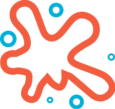 Cartoon illustration of a red, irregularly shaped splat with small blue splatters around it.