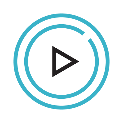 Blue play button icon inside concentric circles on a black background.