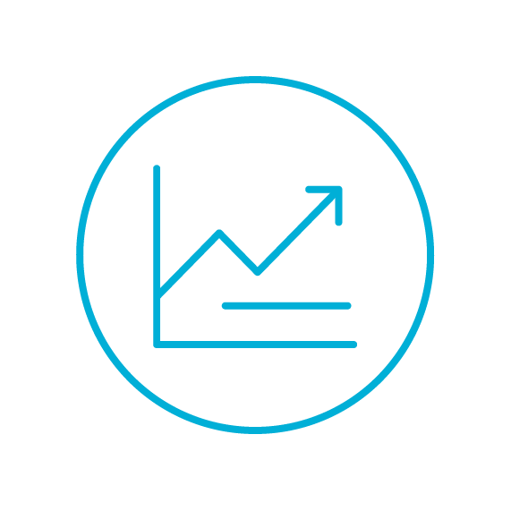 Blue line graph with upward trend enclosed in a circle, representing growth or progress