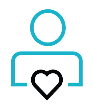 Line art icon of a person with a heart symbol in the chest area.