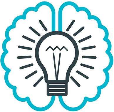 A graphic illustration of a light bulb with a brain outline surrounding it, symbolizing ideas and creativity.