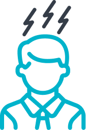 Line drawing of a person wearing sunglasses and a collared shirt, outlined in blue with lightning bolts above their head.
