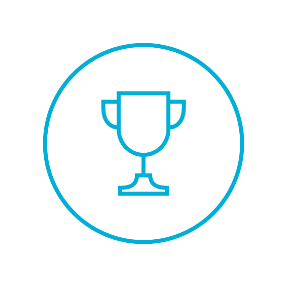 A blue outline of a trophy inside a circle, on a black background.
