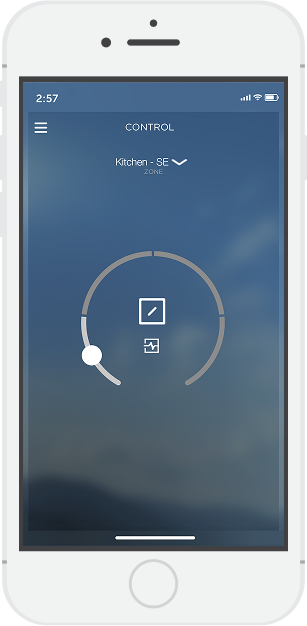 Smartphone displaying a home automation app for controlling a kitchen zone, showing a circular control interface.