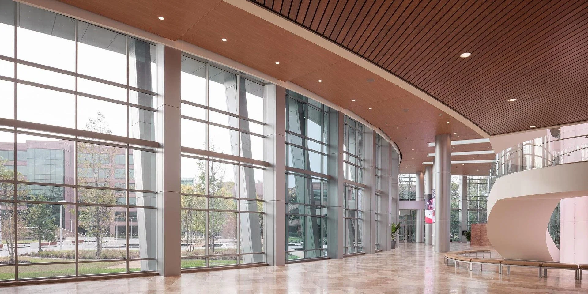 Modern interior lobby with large glass windows, wooden ceiling, and curved white reception desk.