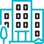 Outline of a tall building with windows, a tree, and a small bird.
